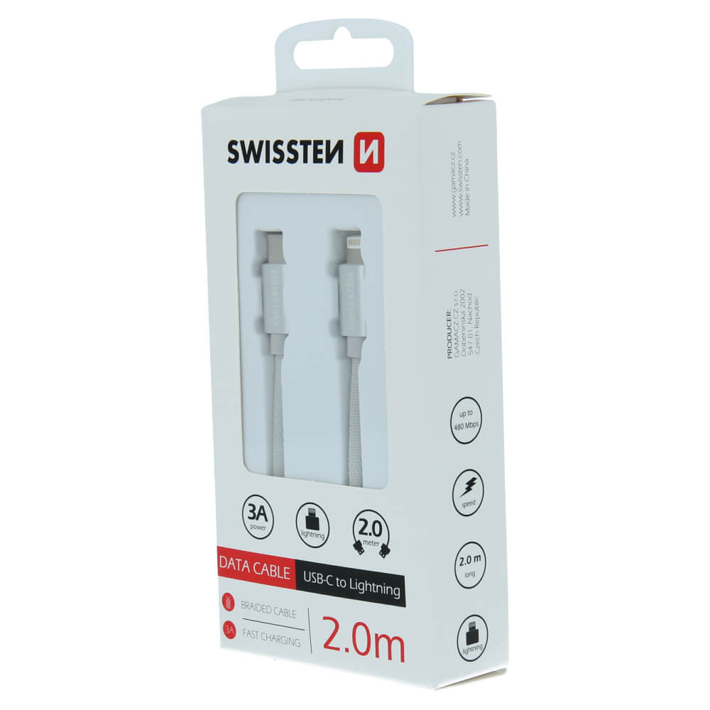 Textilný dátový kábel Swissten USB-C / LIGHTNING 2,0 M - stieborný